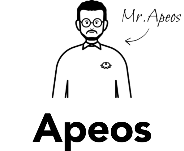 Illustration of Mr. Apeos and the Apeos logo